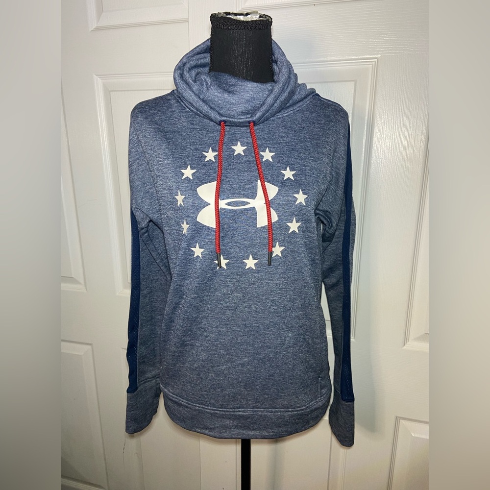 Under Armour Freedom Funnel Neck Hoodie Heather Blue White Stars Woman’s Small